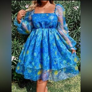 SHEIN MOD Women Plus Size Mesh Dress With Oil Painting Print And Square Neckline